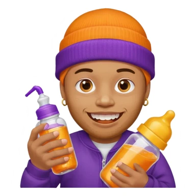 guy with orange beanie with gold teeth grillz holging a baby bottle with purple liquid sticker