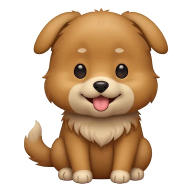 Cute small brown fluffy dog emoji icon. Round face, short muzzle, light brown fur with slightly darker ears, small black nose, happy smiling expression with tongue out. Soft friendly eyes, sitting pose with front paws together. Simple clean vector style, minimal details, kawaii style. sticker