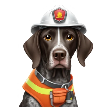 German short haired pointer dog wearing a fireman helmet sticker