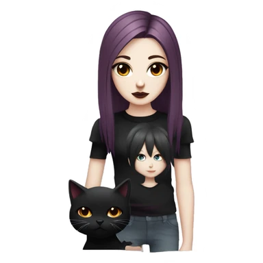 Pale girl with black eyeshadow and burgundy colored hair with an emo haircut that’s long and layered holding a black cat sticker