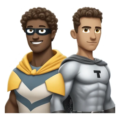 curly brown hair man and pigeon man with letter 'T' on the chest crossover into   single superhero character. sticker