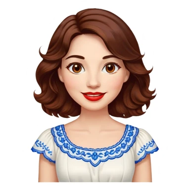 Professional woman at 40 with bright complexion, round face, big lively light brown eyes, wide friendly smile, vibrant red lips, voluminous wavy dark brown hair to shoulders, white summery dress with blue embroidery and electric blue neckline sticker
