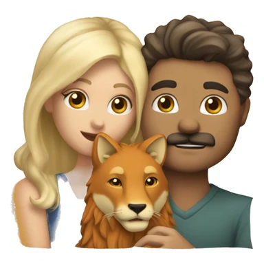 One blonde guy with mustache and one blonde gal kissing and holding hands with a lion and a fox sitting with them sticker