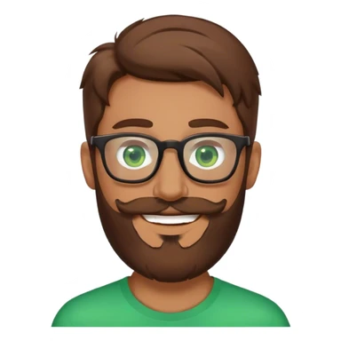 Superman with brown hair, a beard, and glasses on. Eyes are green. Happy face sticker
