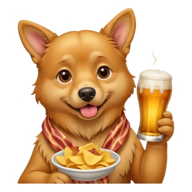 A realistic Dog eating chips and drinking beer on a piece of bacon sticker