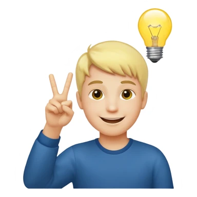 A boy with smily face with victory sign and bulb is glowing above face sticker