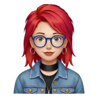 front-facing young woman, bright red hair, blue glasses, black choker, septum ring, denim jacket, subtle smile, olive white skin sticker