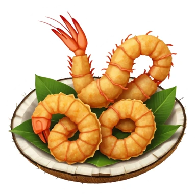 coconut shrimp, whole shrimp coated in golden coconut flakes, simple apple emoji style sticker