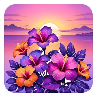 Iridescent tropical exotic beautiful pretty Purple pink and orange gradient hibiscuses sunset sunrise full scenery aesthetic deco sticker