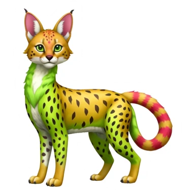 Colorful tropical exotic fruity kiwi-green lemony rosy neon-red Caracal-Cheetah-Serval-Snow-Leopard-Trico-Sergal-Vernid-fusion-hybrid-animal-creature, full body sticker