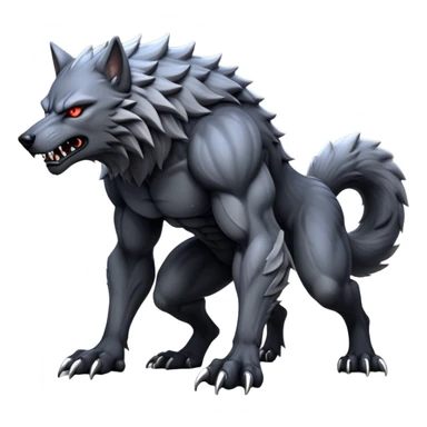 cinematic-noble-fierce-werewolf-full body on all fours-emoji, poised-and-imposing, with a tall, lean, and muscular wolfish frame inspired by the brutal, imposing shape of the beast from Berserk, fur rippling in shades of midnight black and silver, massive paws with razor-sharp claws, elongated limbs and fangs, eyes glowing with an intense, primal ferocity, reflecting the untamed power of the wild moonlit night; rendered with realism like a wolf hunched over sticker