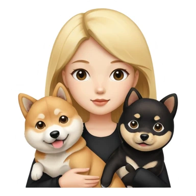 blonde girl holding a shiba inu and a black shiba inu sticker