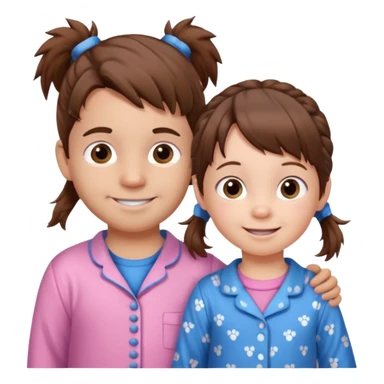A toddler girl with brown hair with two pig tails, wearing pink pajamas and a bigger 4 year old boy with spikey brown hair, wearing blue pajamas. Both light skin and smiling.  sticker