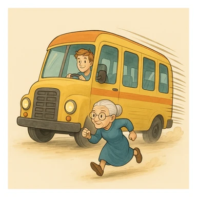 old lady should run to reach the bus, the driver is man under 30 with orange hair sticker