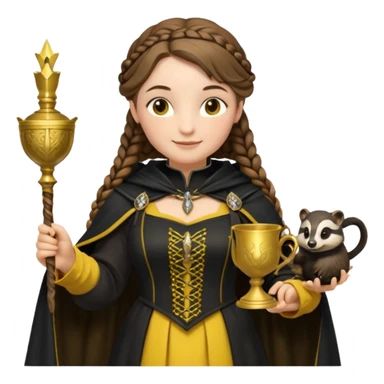 Helga Hufflepuff,the Hogwarts founder of Hufflepuff,brown-haired,2braids,yellow-black medieval dress with black cloak decorated with gold braiding,flickering magic wand and tiny two-handled shiny gold cup engraved with the badger silhouette,very kind smile,curvy busty sweet  sticker