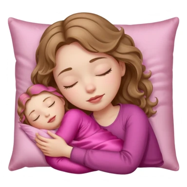 sleeping girl with pale skin and light brown wavy hair with a pink silk pillow sticker