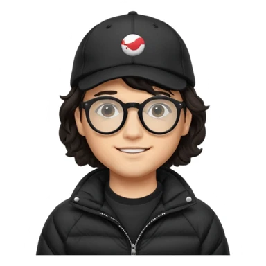 Young man wearing a black puffer jacket, black baseball cap, round black glasses, wavy hair peeking out from under the cap, smiling
 sticker