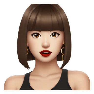 pretty girl with Lalisa Style hair during Rockstar MV, brown eyes, red lips, dark chocolate brown hair, hoo earrings sticker