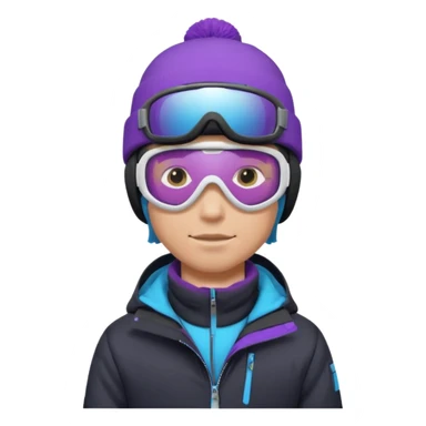 male Pro Snowboarder with white and grey beanie, ONE pair of purple and blue frameless goggles on and a black jacket sticker