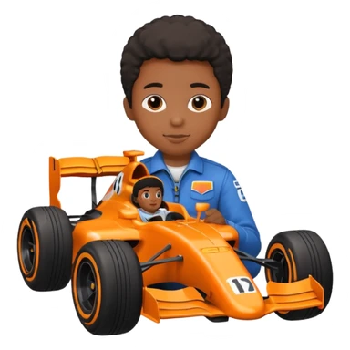 black kid playing orange formula 1 toy sticker
