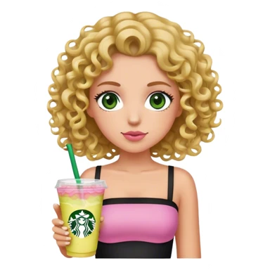 a slightly tan but white girl with curly wavy hair and green eyes wearing a black tube top holding a starbucks pink lemonade facing forward aesthetic  sticker