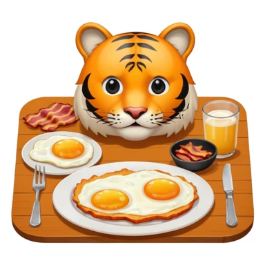 Tiger sitting at a table with a plate of 2 eggs and bacon in front of him sticker
