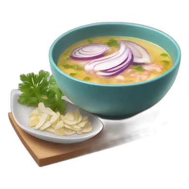 hot soup with the following ingredients sliced red onions, albacore, coriander and yucca sticker