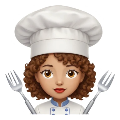 Light brown skinned mixed-race female chef with medium-length curly brown hair, wearing a chef's hat (toque), with both an angel halo and devil horns on her head sticker