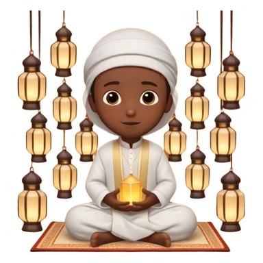 Personnage 3D mignon en style Pixar, un petit garçon portant un qamis blanc et un kufi, tenant un tapis de prière, entouré de lanternes brillantes, fond doux, couleurs chaudes, garçon teint noir sticker