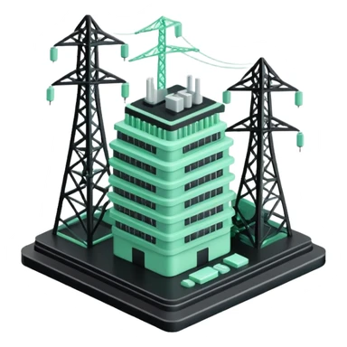 Énergie (Energy), 3D technical icon with black and mint green (#B5F4D3), energy regulatory framework with power grid schematics and compliance metrics sticker