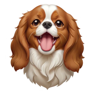 Cinematic Cute Yawning Blenheim Cavalier King Charles Spaniel Portrait Emoji, Head tilted slightly with a dramatic, wide-open yawn, soft Blenheim coat with delicate chestnut and white markings, floppy ears slightly drooping, round brown eyes barely open in drowsy contentment, Simplified yet irresistibly adorable features, highly detailed, glowing with a soft, cozy glow, high shine, relaxed yet expressive, stylized with a touch of whimsy, bright and endearing, soft glowing outline, capturing the essence of a sleepy yet affectionate companion, so drowsy it feels like it could stretch right out of the screen and curl up for a nap! sticker