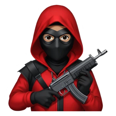 person wearing black mask with a red hood on. on the black mask is one white triangle and they are holding an smg gun. their hands are black too. and  sticker