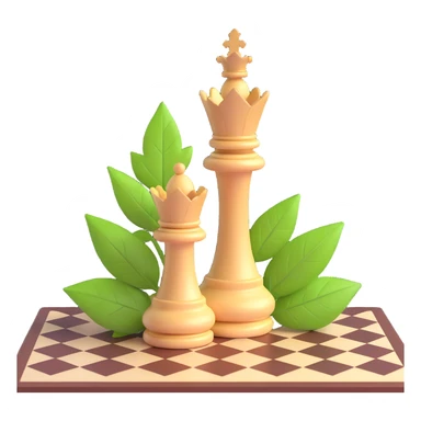 Add green leaf details to the 3D queen chess piece, maintaining its elegant and polished look, with no background. sticker