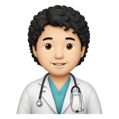 a young asian chubby male doctor with very black long curly hair and cheerful face without gpasses sticker