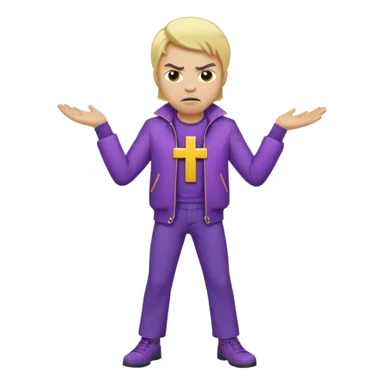 Create A Guy Wearing Light Skin Blond Hair Yellow Cross Purple Jacket Purple Pants And Mad Face sticker