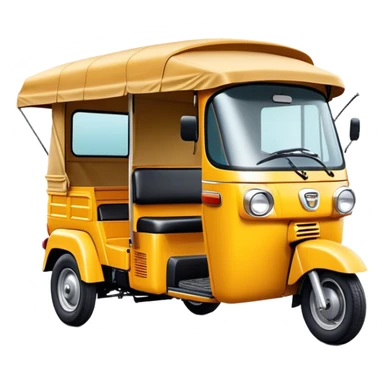 Cinematic Realistic Tuk Tuk Emoji, depicted as a vibrant iconic three-wheeled vehicle with bold colors and a compact design, rendered with crisp textures and dynamic urban lighting that captures its quintessential Thai charm. sticker