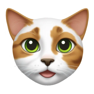 calico cat with green eyes.  Black circles around her eyes. Orange forehead, nose and mouth.  chest and front legs are mostly white, sticker
