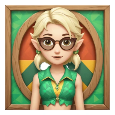 elf female legolas portrait, patterned board shorts (geometric/abstract), unique wooden-framed sunglasses, undercut hairstyle, slight smirk, visible pointy ears, no background, centered emoji, hipster summer vibe sticker