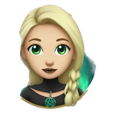 blonde witch girl with green eyes and straight hair with a birthmark above her upper lip wearing a necklace in a form of pentacle with a small blue stone inside doing tarot spread  sticker