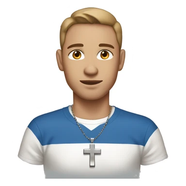 A guy with blue eyes, light skin, shaved brown hair under 0.5, wearing white T-shirt, a silver earring piercing with a cross on one ear. sticker