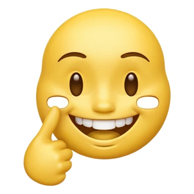 Yellow 3D emoji face, closed smiling eyes, wide toothy grin, one hand with index finger touching the mouth, playful flirty expression, clean emoji style. sticker