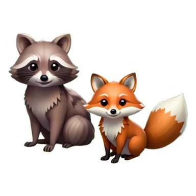 raccoon and a fox among a colorful forest with vibrant green trees, bushes and flowers. The animals are in the foreground, surrounded by a lush, bright forest, with soft sunlight filtering through the leaves. A playful photo-realistic and wild scene with a transparent background. sticker