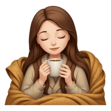 long brown hair woman closed eyes covered with cozy beige blanket, holding cup of coffee, autumn mood sticker