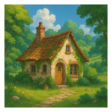 a cozy cottage in a magical landscape with lush greenery in Ghibli style sticker