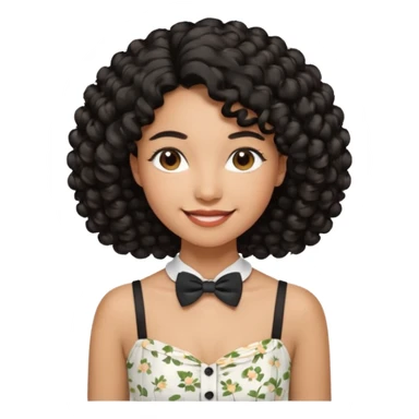 A young woman. She has voluminous, curly black hair that frames her face beautifully. Her skin tone is light Brown and glowing, and she has a subtle, natural makeup look. She’s smiling softly at the camera. She is wearing a white floral top with thin straps and a small bow tie detail in the front. sticker