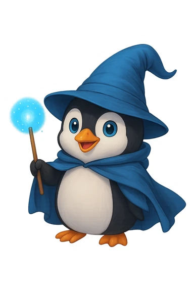 A penguin wizard with a pointy hat and a magic wand and a blue cape with no background sticker