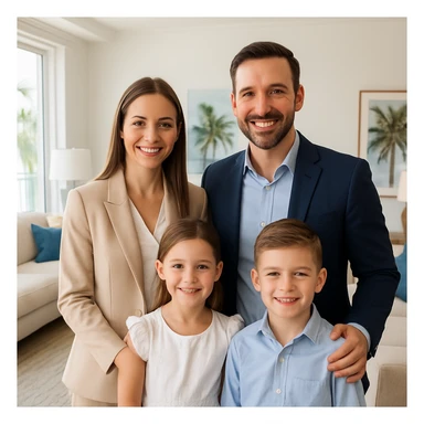 Foto hiper realista que refleje a nuestro cliente ideal de real estate: familias profesionales que desean mudarse a Miami o adquirir una segunda residencia. Familia tradicional de madre, padre, hijo e hija. sticker