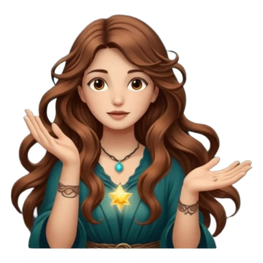 forest mystic woman long wavy brown hair tattoos catching falling moon spark in hands sticker