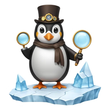 a steampunk engineer penguin analysing a data stream with a magnifying glass on top of an iceberg sticker