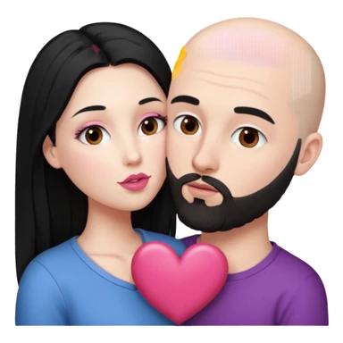 👩🏻‍❤️‍💋‍👨🏻 this one but the man should be bald. white woman with long black hair and white bald young man whoitiut hair and a heart between their heads. she has pink lips and both have brown eyes. he has e full beard but short. sticker